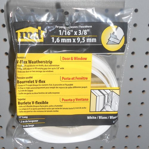 M-D Building Products 3525 M-D 0 V-Flex Weather-Strip with Adhesive Back, 17 Ft L X 7/8 in W, Polypropylene, 2 Pack, White - size: 1 Count (Pack of 2)