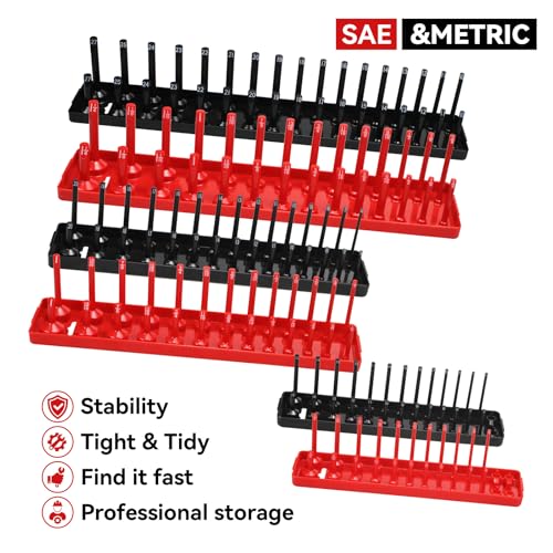 AIUITIO 6PCS Socket Organizer Tray Set, Red SAE & Black Metric Socket Storage Trays, 1/4-Inch, 3/8-Inch & 1/2-Inch Drive Deep and Shallow Socket Holders for Toolboxes - size: 170 Socket Capacity