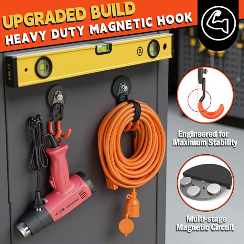 ULIBERMAGNET New Updated Garage Strong Magnetic Hooks, 2 Pack Heavy Duty Large J Hooks with Magnet, Anti-Slip Coating Magnet Hooks for Garden Tools, Ropes,Drill - style: Upgraded Orange Medium J Strong Hooks