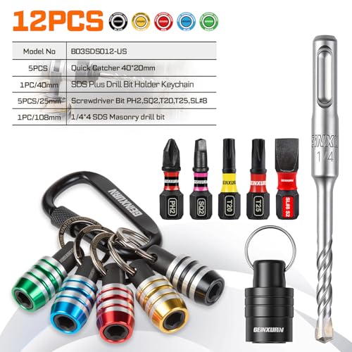 Geinxurn 12Pcs Bit Holder Keychain Set,1/4" Hex & SDS Shank Quick Release and Change Drill Bit Organizer with SDS Plus Rotary Hammer Drill Bits and Screwdriver Bit for Masonry Construction Worker - size: 1/4 in