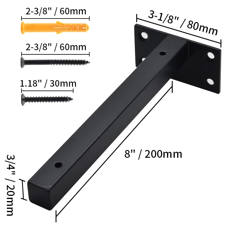 8 Inch Floating Shelf Brackets Heavy Duty, Square Shelving Brackets, Metal Floating Shelf Supports, Black Wall Mount Brackets 4 Pack - size: 8 Inch