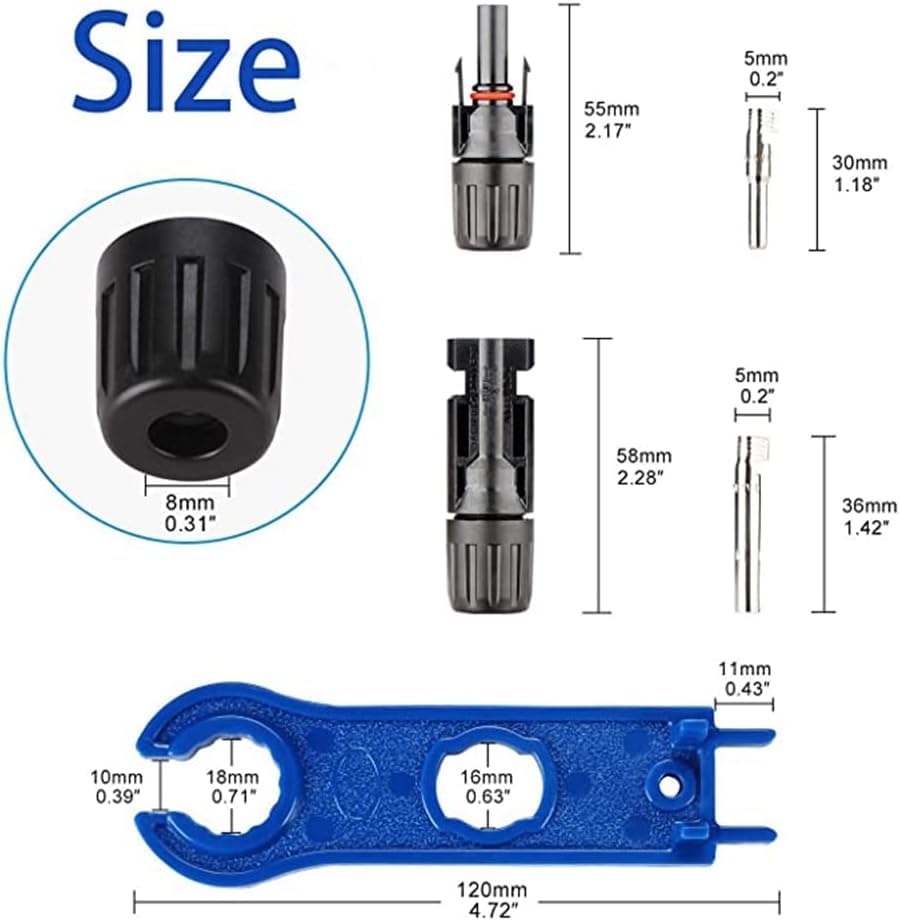 100PCS/50 Pairs Solar Connectors M-C-4 Male/Female IP67 Waterproof Solar Panel Cable Connectors with 2 PCS Spanners - color: 50pair MC4+1pair Spanner