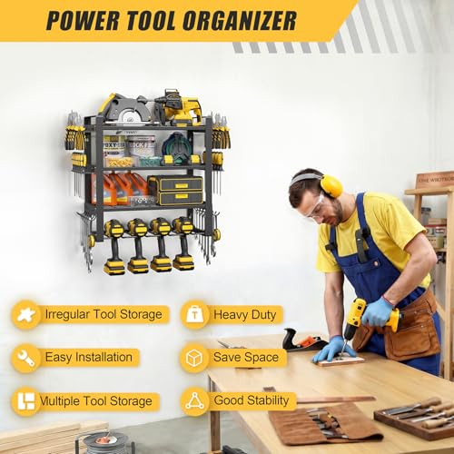 4-Tier Power Tool Organizer Wall Mount, 200LBS Capacity, 4 Drill Holders - size: 16.5" Width 4-Tier