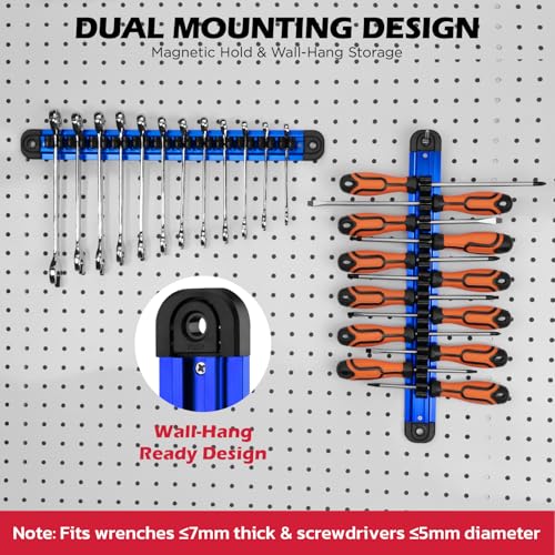 Magnetic Screwdriver Organizer and Wrench Organizer, 14-Slot Screwdriver and Wrench Holder, Magnetic Aluminum Rail Tool Organizer for Tool Box Drawer Wall-Mount Storage, Blue (Tools not Included) - style: 1-Pack Blue (14-Slot)