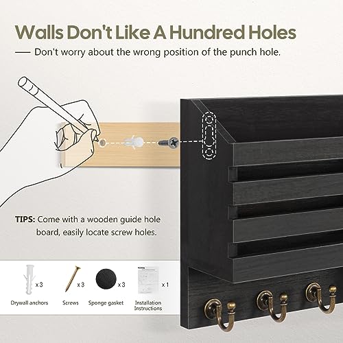FifthQuarter Mail Holder Wall Mount with 2 Mail Slot and 4 Sturdy Hooks - color: C-Black