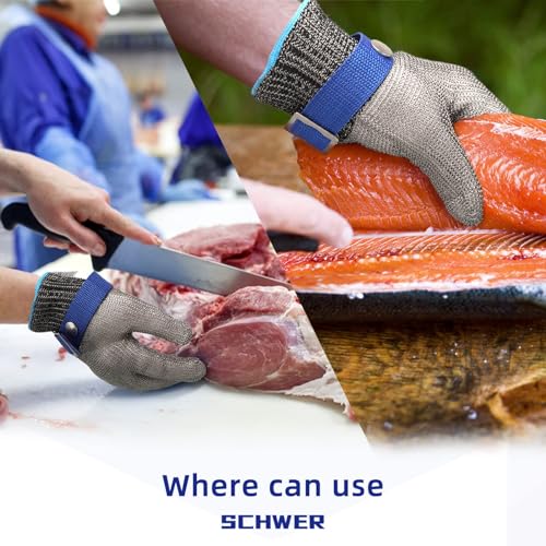 Schwer SlicePro ANSI A9 Cut Resistant Glove PR1706, Stainless Steel Mesh Metal Glove, Food Grade for Kitchen Cooking, Butcher Meat Cutting, Oyster Shucking, Mandoline, Fishing, (M, 1 Pair) - size: Medium (Pack of 2), style: 1.0 Steel Wire