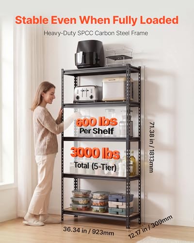 VEVOR Storage Shelves, 5-Tier Adjustable, 3000 lbs Capacity, Heavy Duty Garage Storage Shelving Unit, Metal Utility Rack Shelf, for Kitchen Pantry Basement Bathroom, 36.34" W x 12.17" D x 71.38" H - size: 12" D x 36" W x 72" H