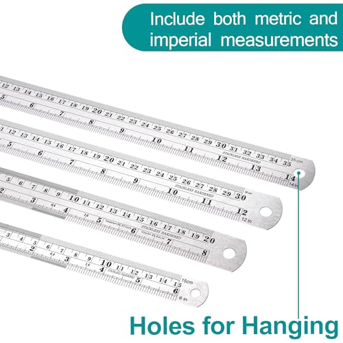 Metal Rulers, Steel Rulers Pack of 4, 6, 8, 12, 14-inch Stainless Steel Ruler