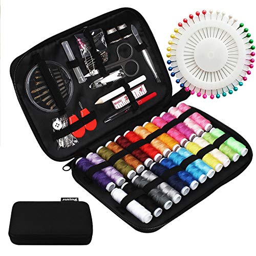 JUNING Sewing Kit with Case, 130 pcs Sewing Supplies for for Mom Grandma Women Men Home Travel and Emergency, Contains 24 Spools Threads, Sewing Needles, Scissors, Thimble, Measuring Tape and More - size: A-24 Threads
