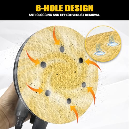 80Pcs 6 Inch 6-Hole Hook&Loop Sanding Discs, 100 Grit Diamond Yellow Sand, Dust-Free/Wear-Resistant, Latex Paper Base (No Fray), 135G Backing for Wood/Metal/Auto, DIY & Pros - style: 6inch-6Hole