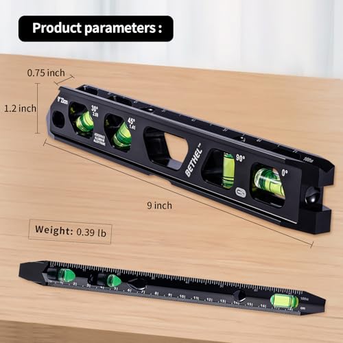 BETHEL 9 Inch Magnetic Torpedo Level with 4 Bubble Vials, V-Groove & Magnetic Rails, Black Aluminum Alloy Construction - color: Black 9in