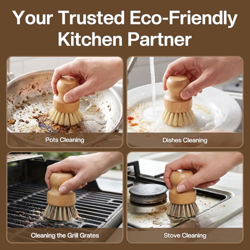 Wooden Dish Brush Handheld Bamboo Wok Brush Scrubber for Dishes Pans Pots Fruit and Veggie Washing(2,Beige and Brown) - color: Beige and Brown
