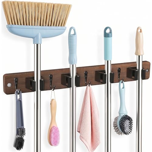 Broom Holder Wall Mount, 4 Holders 4 Hooks Mop and Broom Organizer - color: Brown, size: 1 Pack