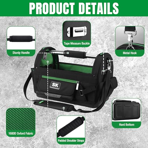 SK 18-Inch Open Top Tool Bag, Tool Tote, 1680D Fabric, Waterproof Hard Base