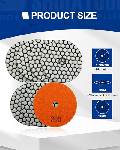 SHDIATOOL 7Pcs 4-Inch Dry Diamond Polishing Pads Grit 200 for Granite Marble Stone Sanding Pads Grinding Pads Abrasive Set - style: Grit 200