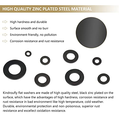 800 Pieces Black Zinc Plated Steel Flat Washers, Fender Washers, Kindroufly 7 Sizes Flat Washers, Lock Metal Washers Assortment Kit (M3 M4 M5 M6 M8 M10 M12)