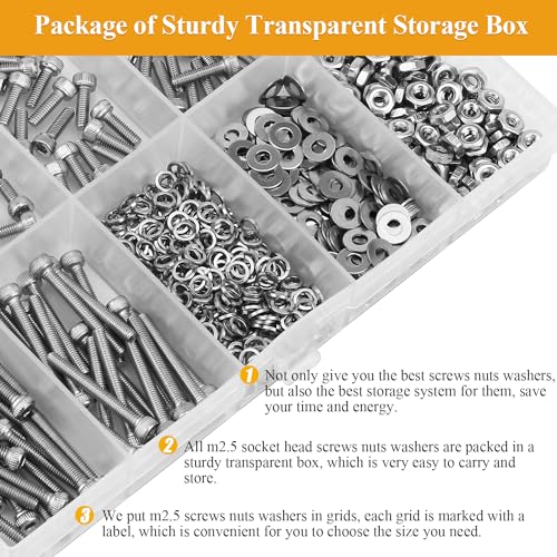 565 Pieces M2.5 Screws Nuts Washers Set, Sutemribor M2.5 x 4/6/8/10/12/16/20mm Hex Socket Head Cap Screws Nuts Washers Assortment Kit, 304 Stainless Steel, Fully Threaded - size: M2.5, style: Socket Head
