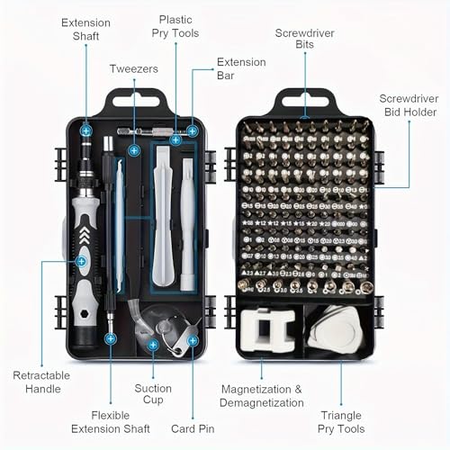 115-in-1 Precision Screwdriver Set for Electronics Cell Phones Watches and Automotive Maintenance - Professional Repair Kit with Magnetic Non-Slip Handle and Tweezers with Flat and Multiple Bits - color: Grey
