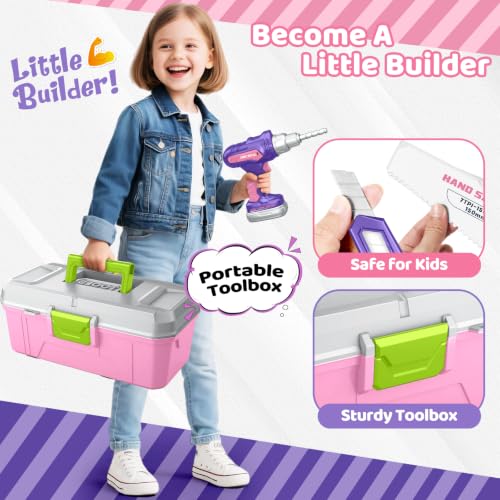 Kids Tool Set, Toddler Tool Box, Toy Drill, Construction Toys for Ages 3-5 - color: Pink