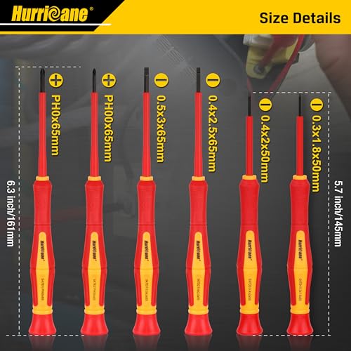 HURRICANE Premium 1000V Precision Insulated Screwdriver Set, 6 Piece S2 Steel Mini Electrician Screwdrivers with SL1.8/2.0/2.5/3.0mm & PH00/PH0, VDE Certified for DIY & Professional Electrical Repair - size: 6 pc Premium Mini VDE Screwdriver Set
