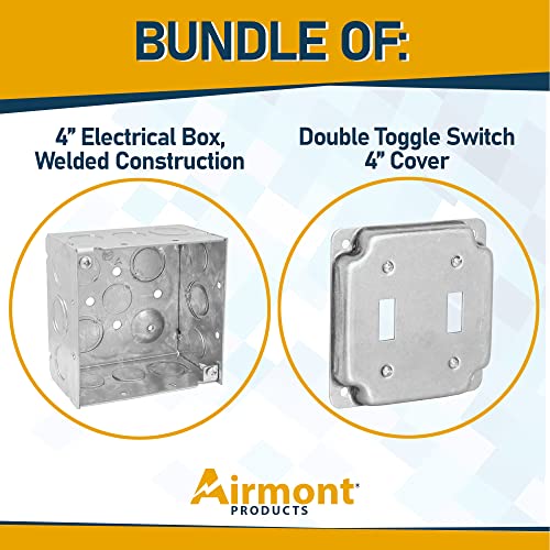 Pack of Box and Cover 4'' Square Electrical Box, 2-Gang Toggle Switch Exposed Work Cover, Crushed Corners, Welded Construction, Ten 1/2'' and Six TKO Knockouts, Raised Ground, 2-1/8'' - size: 2-Gang Toggle