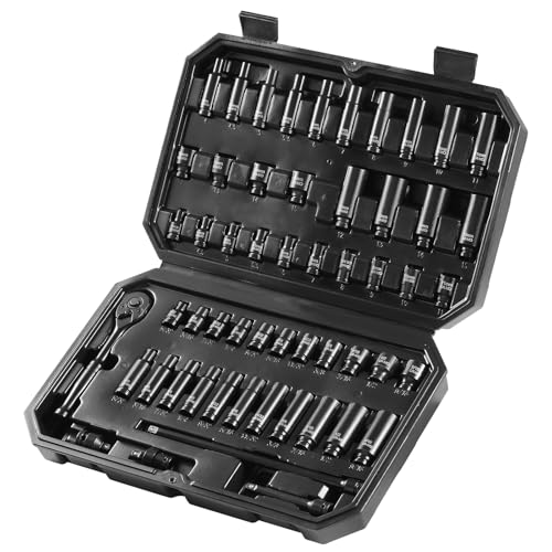 VEVOR Impact Socket Set 1/4" Drive, 55-Piece Deep & Shallow Socket Set Standard SAE (5/32 to 9/16 inch) & Metric (4 to 15 mm) Size, 6 Point, CR-V, Extension Bar, Universal Joint, Reducer - size: 1/4" 55PCS