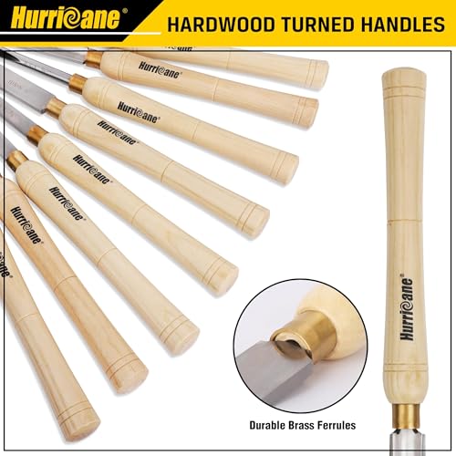 HURRICANE 8pc Wood Lathe Chisel Set, M2 HSS Wood Turning Tools with 10" Solid Hardwood Handles, Lathe Tool Kit for Beginners and DIY Hobbyists, Includes Protective Wooden Box - size: 8 pc with Wood Case