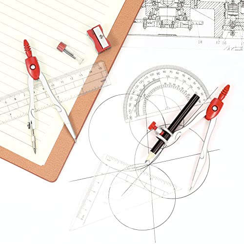 Unjoo Math Geometry Set 10 Pcs, Compass and Protractor for Students (Red - color: Red1