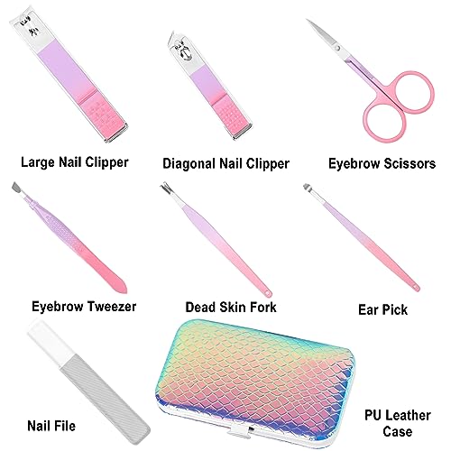 Women's Nail Clipper Set Travel Manicure Kit with Glass Nail File Stainless Steel Nail Clippers Case Nail Grooming Kit Gift - color: Mermaid Color