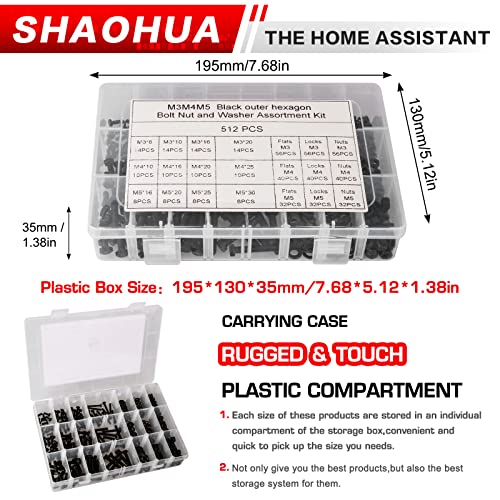 512PCS M3 M4 M5 Metric Bolt Assortment Kit, Grade 8.8 Carbon Steel Flat Hex Head Screws Bolts and Nuts Kit, Lock and Flat Gasket Washers Assortment Kit Includes 12 Most Common Sizes(Black) - size: E. M3 M4 M5