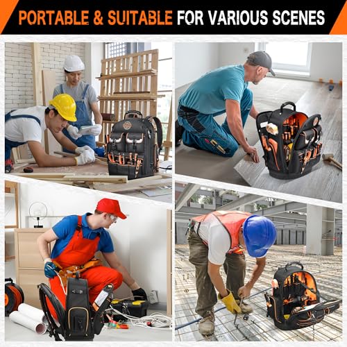Tool Backpack with 2 Small Tool Bags – LOKASS Heavy Duty Backpack Tool Bag with Molded Base,1680D Tool Organizer with Laptop Compartment & Combination Lock, Water-Resistant Electrician & HVAC Tool Bag - color: Dark Black