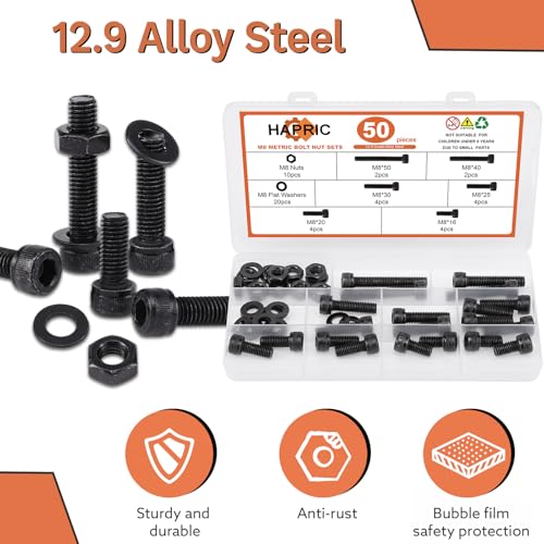 50 Pcs M8 Bolts Kit M8x 16/20/25/30/40/50 mm M8 Screw Kits - color: Black, size: M8x16mm-50mm 50Pcs