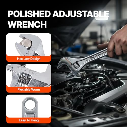 BLACK CANYON Adjustable Wrench Sets 12/10/8/6 Inch, Wide Jaw Spanner with Imperial and Metric, Premium Chrome Forged Steel for Automotive Plumbing, Household Repairs and DIY - size: 6/8/10/12 in