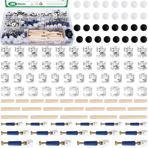 285Pcs 3 in 1 Furniture Connecting Hardware Connectors Kit for Cabinet Closet Drawer Wardrobe, Cam Lock Fittings with Dowel, Pre-Inserted Nut, Wood Dowel Pins and Locknut Caps