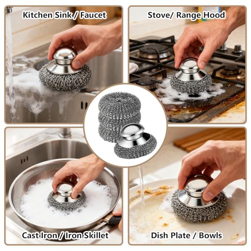 Steel Wool Scrubber, 4-Pack Stainless Steel Scrubber Pads with Handle - The Ultimate Scouring Solution for Rust, Stubborn Messes on Cookware, Grill, Oven & Kitchen Sinks - size: 1 Handle+3 Pads