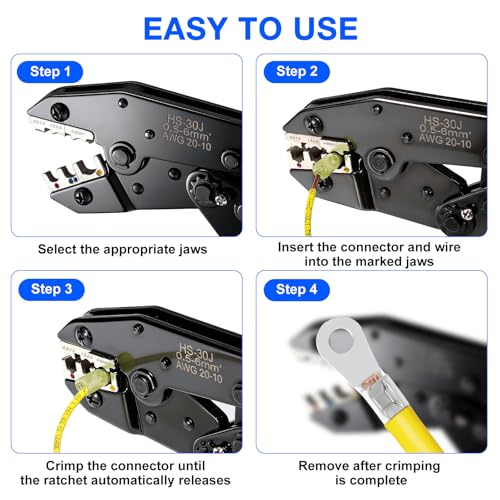 Wire Crimping Tool, Ratcheting Wire Crimper Set with 6 Replaceable Dies, Heavy Duty Crimper for Heat Shrink, Insulated Nylon, Non-Insulated, Wire Ferrules, Open Barrel Terminals and Solar Connectors