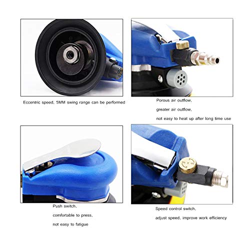 Professional Air Random Orbital Sander, Heavy Duty Dual Action Pneumatic Palm Sander (5 inch, Blue) - color: Blue, size: 5 inch