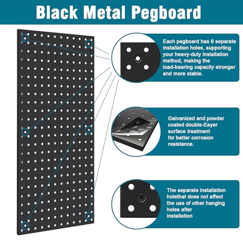 Metal Peg Board Kit with 1/4" Pegboard Accessories, 6 Pack 12"X24" Pegboard and 264PCS Extra Thick Pegboard Accessories,Wall Organizer Peg Board Panels Tool Organizer Storage System (Black)