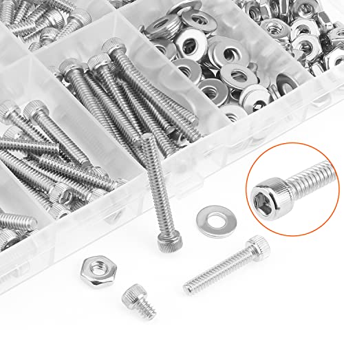 HELIFOUNER 250 Pieces #6-32 x 3/16" 1/4" 5/16" 3/8" 1/2" 5/8" 3/4" 1", Hex Socket Head Cap Screws Bolts Washers Nuts Kit, Coarse Thread, Fully Machine Threaded, 304 Stainless Steel - size: #6-32, style: Socket Head