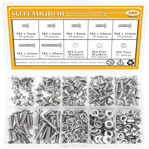 385 Pieces M4 Machine Screws Nuts Washers Set, Sutemribor M4 x 5/6/8/10/12/16/20mm Phillips Countersunk Head Machine Screws Nuts Washers Assortment Kit, 304 Stainless Steel, Fully Threaded - size: M4, style: Phillips Countersunk Head
