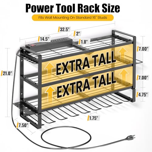 MOOMSINE Large Power Tool Organizer Wall Mount with Charging Station for Garage, 400lbs Metal Storage Rack with 8 Cordless Drill Holder, 4 Tier Heavy Duty Battery Tool Shelf with 5 Outlet Power Strip - size: 32 Inch（4 Tier Power Station）