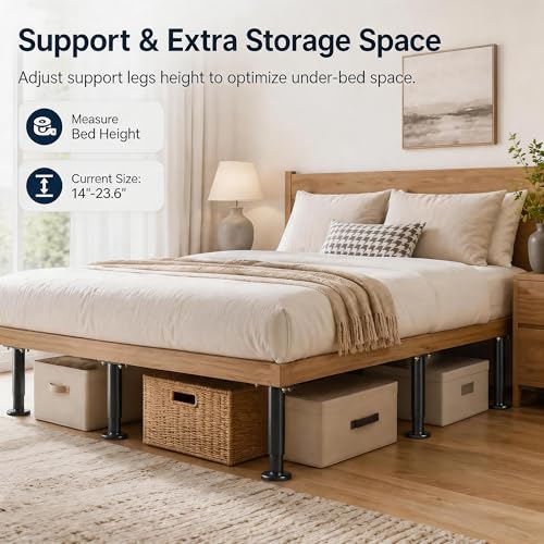 2Pcs Bed Frame Support Leg, Adjustable Height 14" to 23.6", Increase Under-Bed Storage Space, Extra Sturdy Steel Bed Risers with Wider Rubber Base, More Stable, for King/Queen Bed - size: 14"-23.6" (2pcs)