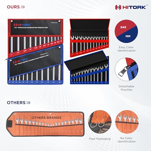 Hitork 24-Piece Combination Wrench Set, SAE (1/4"–1") & Metric (8–24mm), Cr-V Steel, Mirror Chrome Finish, 12-Point Box End, 15° Offset, with Roll Pouch – Ideal for Home, Garage & Auto Repair - style: 24 Piece Set SAE & Metric