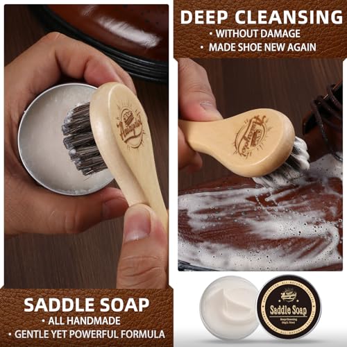 11 PCS Leather Care Kit - Horsehair Brushes,Saddle Soap,Waterproofing Wax,Mink Oil Conditioner,Polishing Cloth,Microfiber cloth,Boot Shoe Shine Cleaning Kit Gift for Men Cowboy Husband Dad