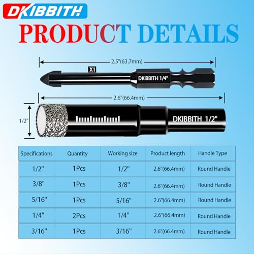 DKIBBITH 7 Pack Dry Diamond Drill Bits & Tile Drill Bits Set for Ceramic, Porcelain, Marble, Granite, Stone, Glass - Round Shank 3/16", 1/4"(x2), 5/16", 3/8", 1/2"+1 Pack Drill Bit 1/4" - size: 7 Pcs Diamond Drill Bit