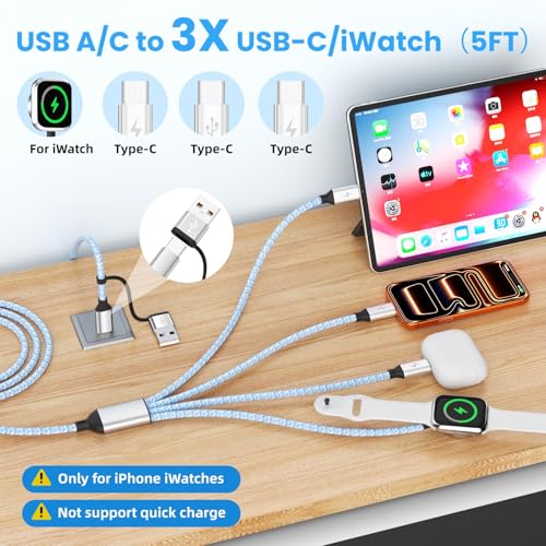 4in2 3 X USB C Cable Multi Charging Cable for iWatch Charger, 5FT 2PCS - color: B1-Square_2, size: 2PCS&5FT
