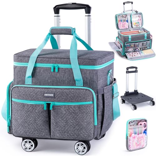 AMOIGEE Rolling Craft Bag with Wheels for Sewing Machine & Craft Supplies - color: Grey - Teal, size: With Wheels