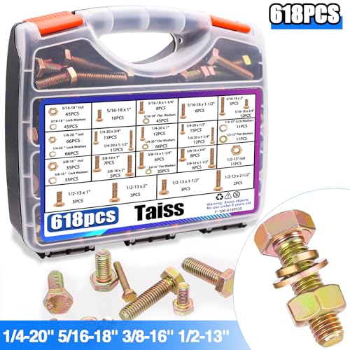Taiss Grade 8.8 Bolts and Nuts Assortment Kit,1/4-20,5/16-18,3/8-16,1/2-13 Heavy Duty SAE Hex Bolts and Nuts & Flat/Lock Washer Kit,Carbon Steel Zinc Plated,with Handheld Box 618PCS - color: Gold-618PCS