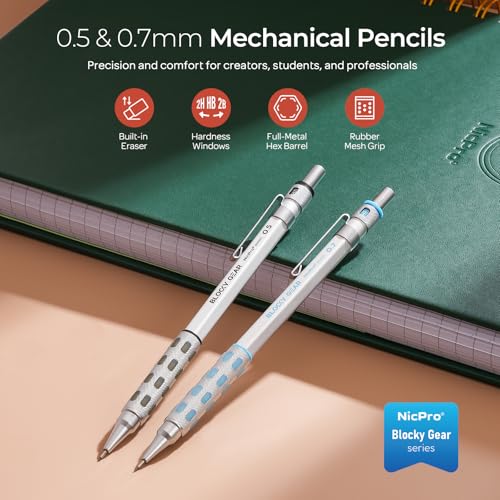 Nicpro Blocky Gear 0.5 mm & 0.7 mm Mechanical Pencils Set in Case - style: Contemporary