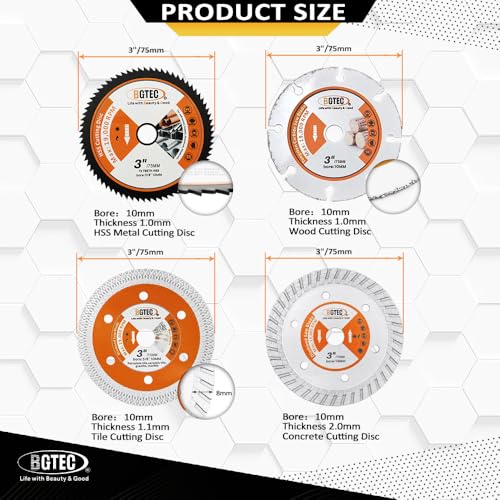 BGTEC Circular Saw Blade - 4PCS 3" Cutting Dics Arbor 3/8" for Wood Plastic Glass Tile Concrete Metal Steel - style: Wood+Tile+Concrete+Metal